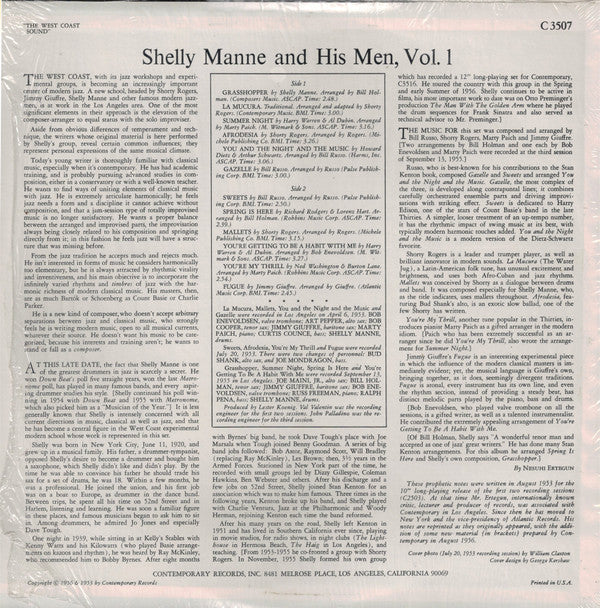 Shelly Manne & His Men - The West Coast Sound  Vol. 1 (Vinyl, LP, Album, Reissue, Repress, Mono) Very Good (VG) / Very Good Plus (VG+)