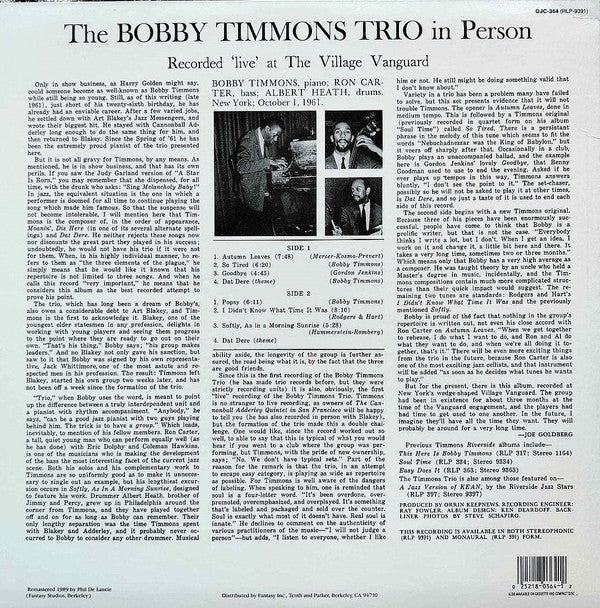 The Bobby Timmons Trio - In Person (Vinyl, LP, Album, Stereo, Reissue, Remastered) Very Good (VG) / Very Good (VG)