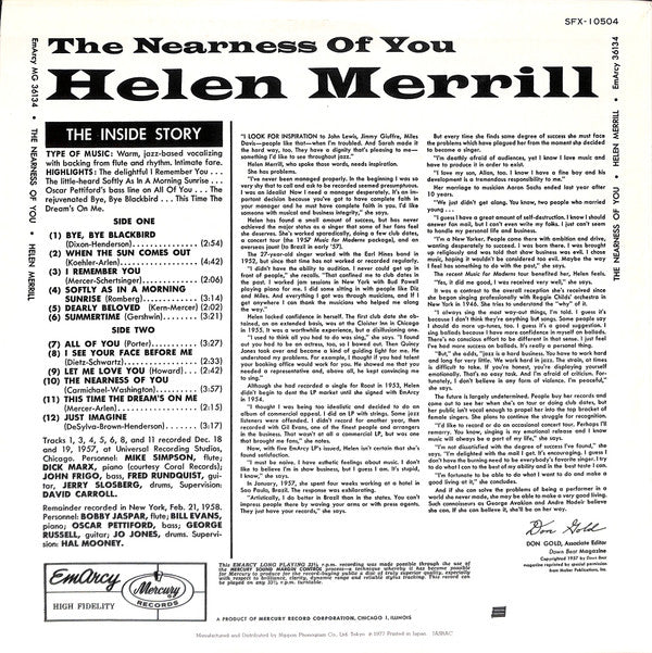 Helen Merrill - The Nearness Of You (Vinyl, LP, Album, Reissue, Mono)