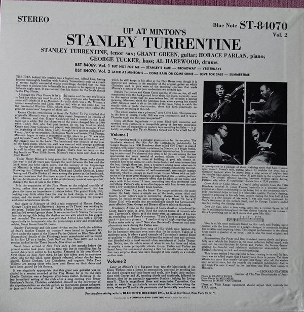Stanley Turrentine - Up At "Minton's", Vol. 2 (Vinyl, LP, Album, Limited Edition, Reissue, Stereo) Near Mint (NM or M-) / Near Mint (NM or M-)