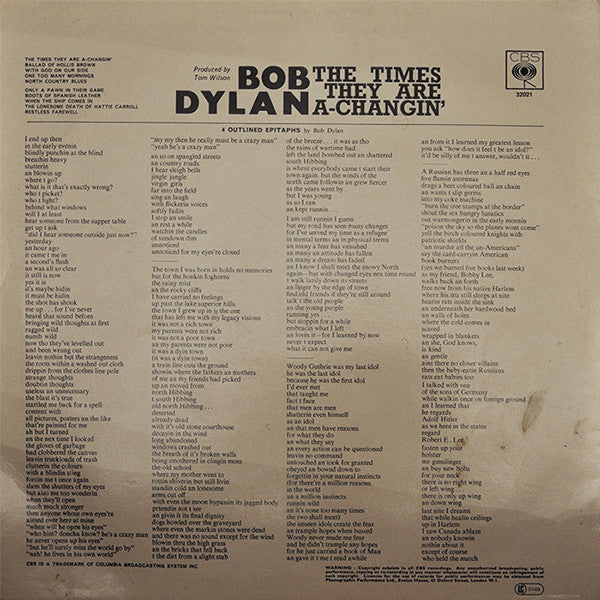 Bob Dylan - The Times They Are A-Changin' (Vinyl, LP, Album, Stereo, Reissue) Near Mint (NM or M-) / Very Good Plus (VG+)