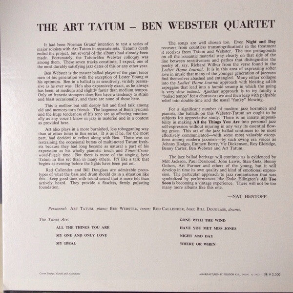 The Art Tatum - Ben Webster Quartet - The Art Tatum - Ben Webster Quartet (Vinyl, LP, Album, Reissue, Mono) Good Plus (G+) / Fair (F)