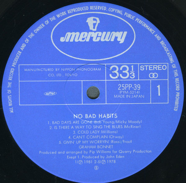 Graham Bonnet - No Bad Habits (Vinyl, LP, Album, Reissue, Stereo) Very Good Plus (VG+) / Very Good Plus (VG+)