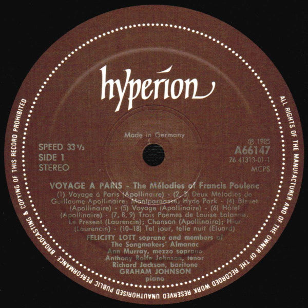 Francis Poulenc - Voyage À Paris (The Mélodies Of Francis Poulenc) (Vinyl, LP, Stereo) Very Good Plus (VG+) / Very Good Plus (VG+)