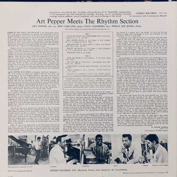 Art Pepper - Art Pepper Meets The Rhythm Section (Vinyl, LP, Album, Reissue, Stereo) Very Good (VG) / Very Good (VG)