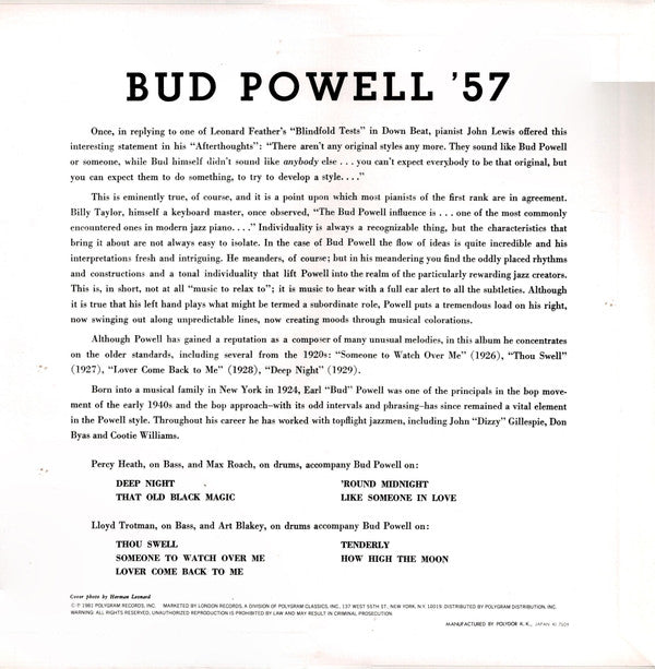 Bud Powell - Bud Powell '57 (Vinyl, LP, Album, Reissue, Mono) Near Mint (NM or M-) / Very Good Plus (VG+)