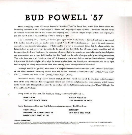 Bud Powell - Bud Powell '57 (Vinyl, LP, Album, Reissue, Mono) Near Mint (NM or M-) / Very Good Plus (VG+)