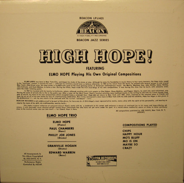 Elmo Hope Trio - High Hope! (Vinyl, LP, Mono) Very Good Plus (VG+) / Near Mint (NM or M-)
