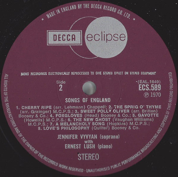 Jennifer Vyvyan - Songs Of England (Vinyl, LP, Reissue, Remastered, Stereo) Very Good (VG) / Very Good (VG)