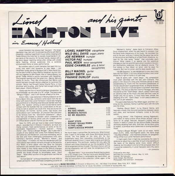 Lionel Hampton & His Giants Of Jazz - Live In Emmen/Holland (Vinyl, LP, Album) Very Good Plus (VG+) / Very Good Plus (VG+)