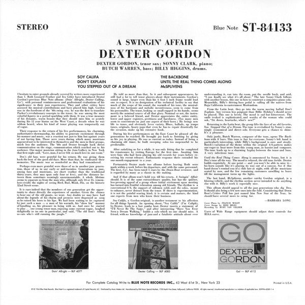 Dexter Gordon - A Swingin' Affair (2xVinyl, LP, 45 RPM, Album, Limited Edition, Numbered, Reissue, Remastered, Stereo) Very Good (VG) / Very Good Plus (VG+)