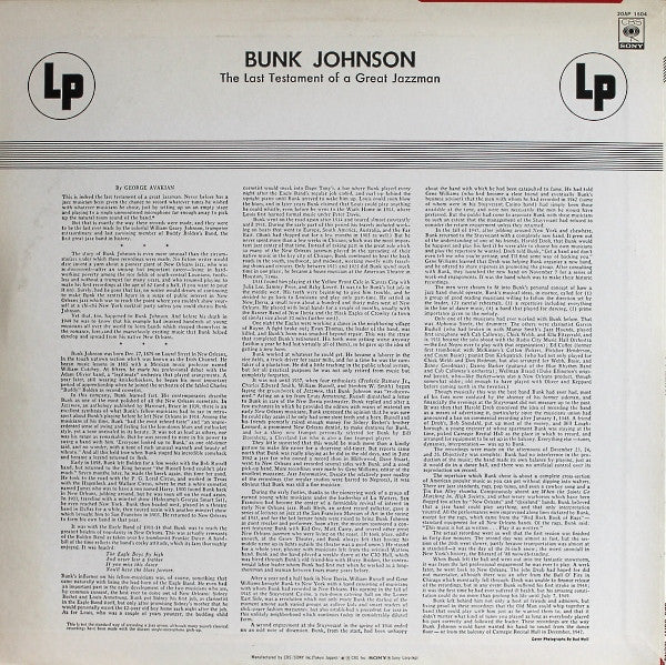 Bunk Johnson - The Last Testament Of A Great New Orleans Jazzman (Vinyl, LP, Album, Mono) Very Good Plus (VG+) / Very Good Plus (VG+)