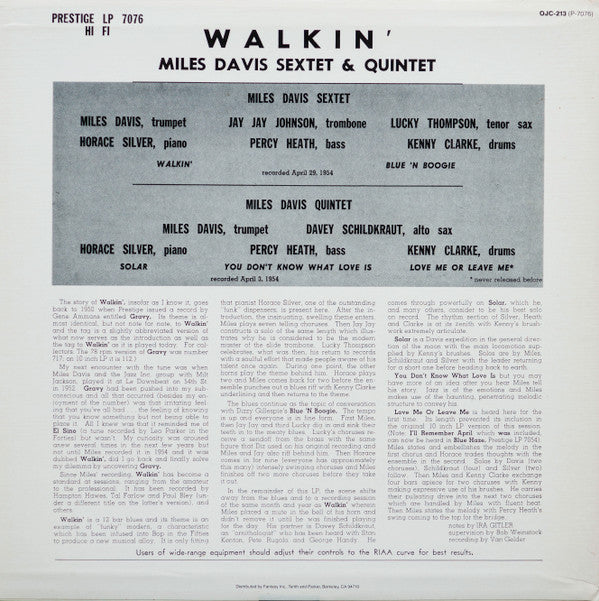Miles Davis All Stars - Walkin' (Vinyl, LP, Album, Reissue) Good Plus (G+) / Very Good Plus (VG+)