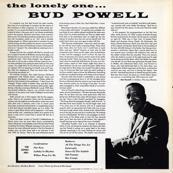 Bud Powell - The Lonely One (Vinyl, LP, Album, Mono, Reissue) Very Good (VG) / Very Good Plus (VG+)