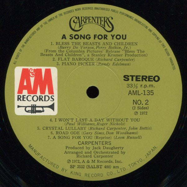 Carpenters - A Song For You (Vinyl, LP, Album, Stereo)