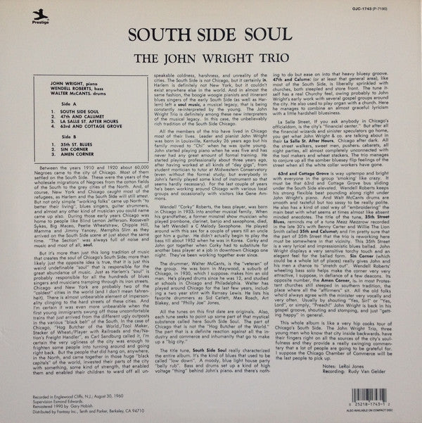 The John Wright Trio - South Side Soul (Vinyl, LP, Album, Limited Edition, Reissue, Remastered, Stereo) Very Good Plus (VG+) / Very Good Plus (VG+)