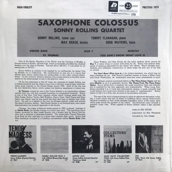 Sonny Rollins - Saxophone Colossus (2xVinyl, 12", 45 RPM, Album, Limited Edition, Numbered, Reissue, Remastered, Mono) Very Good (VG) / Very Good Plus (VG+)