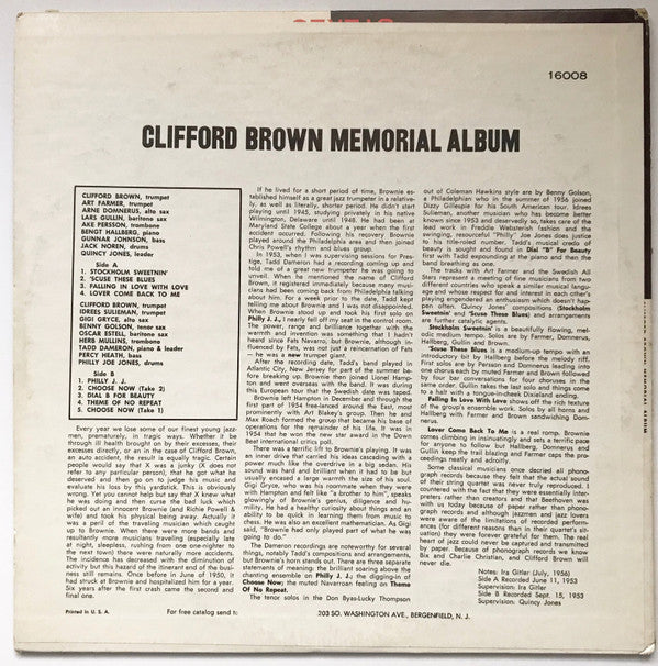 Clifford Brown - Clifford Brown Memorial Album (Vinyl, LP, Compilation, Reissue, Mono) Very Good Plus (VG+) / Very Good Plus (VG+)