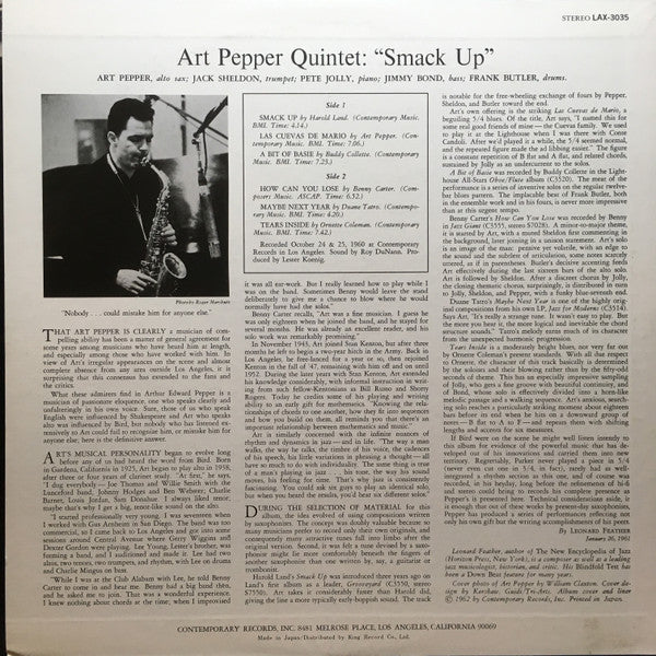 Art Pepper Quintet - Smack Up (Vinyl, LP, Album, Reissue, Stereo) Very Good (VG) / Good Plus (G+)