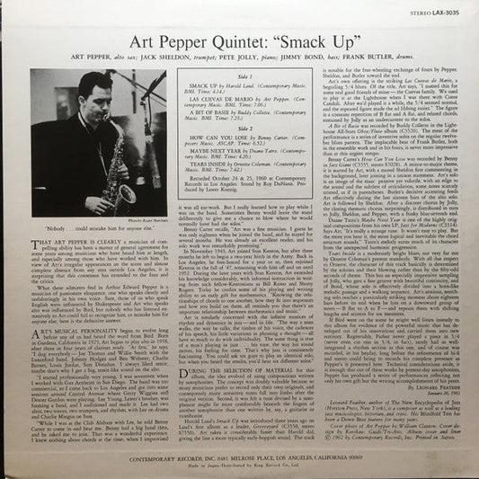 Art Pepper Quintet - Smack Up (Vinyl, LP, Album, Reissue, Stereo) Very Good (VG) / Good Plus (G+)