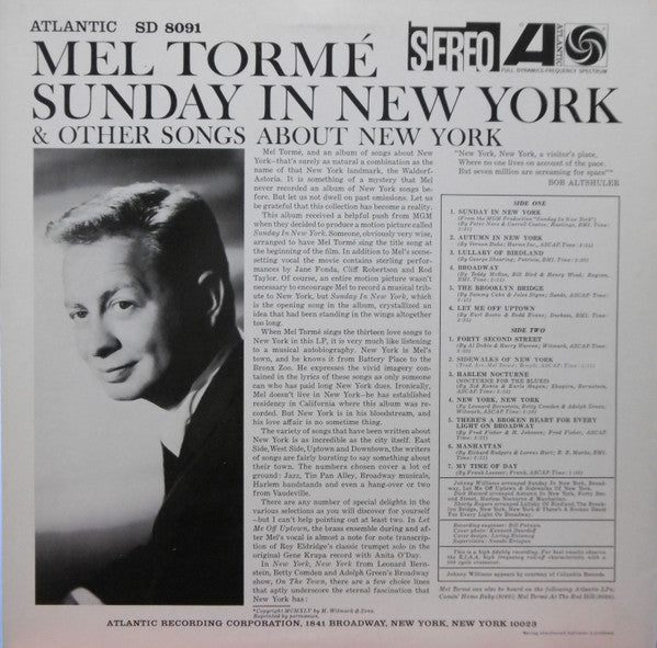 Mel Tormé - Sings Sunday In New York And Other Songs About New York (Vinyl, LP, Album, Reissue, Stereo) Very Good (VG) / Very Good Plus (VG+)