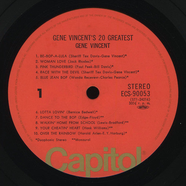 Gene Vincent - Gene Vincent's 20 Greatest (Vinyl, LP, Compilation) Near Mint (NM or M-) / Very Good (VG)