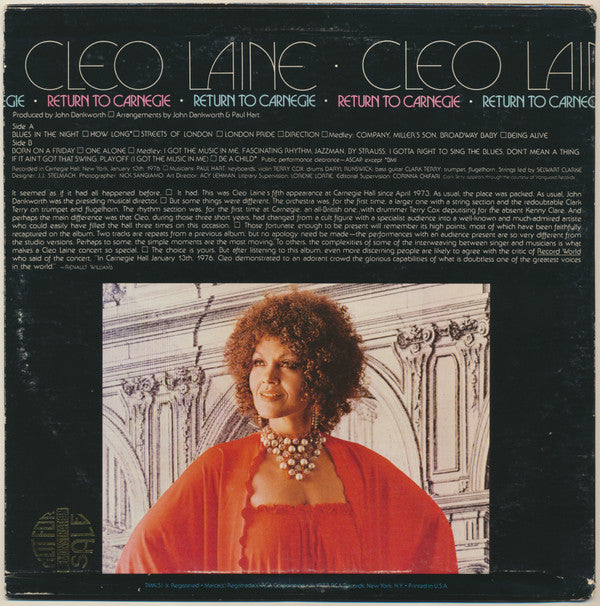 Cleo Laine - Return To Carnegie (Vinyl, LP, Album) Very Good (VG) / Very Good (VG)