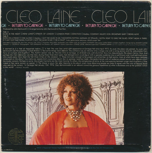 Cleo Laine - Return To Carnegie (Vinyl, LP, Album) Very Good (VG) / Very Good (VG)