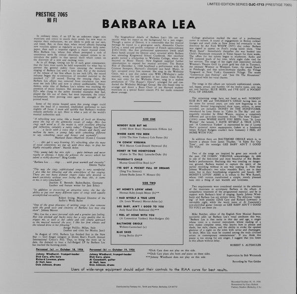 Barbara Lea - Barbara Lea With The Johnny Windhurst Quintets (Vinyl, LP, Album, Reissue, Remastered, Limited Edition) Very Good Plus (VG+) / Very Good Plus (VG+)