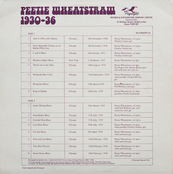 Peetie Wheatstraw - Peetie Wheatstraw 1930-36 (Vinyl, LP, Compilation, Reissue, Mono) Very Good Plus (VG+) / Good Plus (G+)