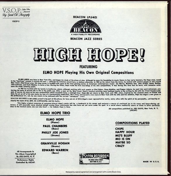 Elmo Hope Trio - High Hope! (Vinyl, LP, Album, Mono, Reissue)