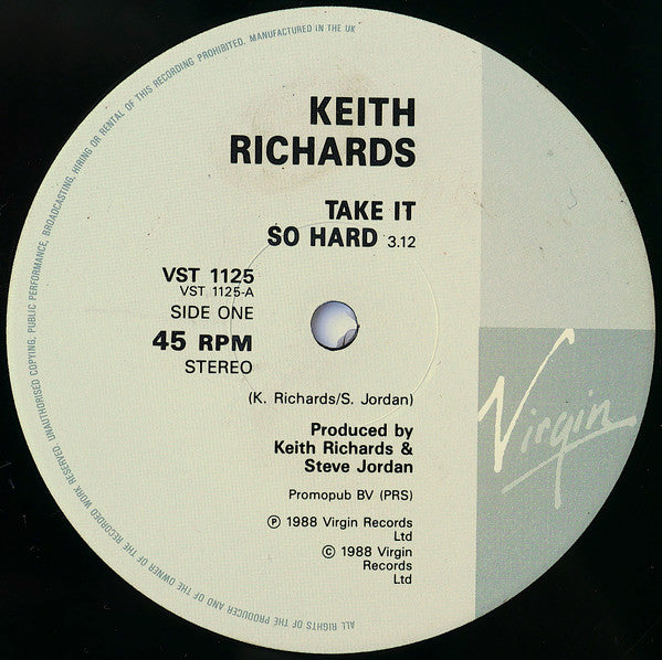 Keith Richards - Take It So Hard (Vinyl, 12", 45 RPM) Very Good (VG) / Very Good Plus (VG+)