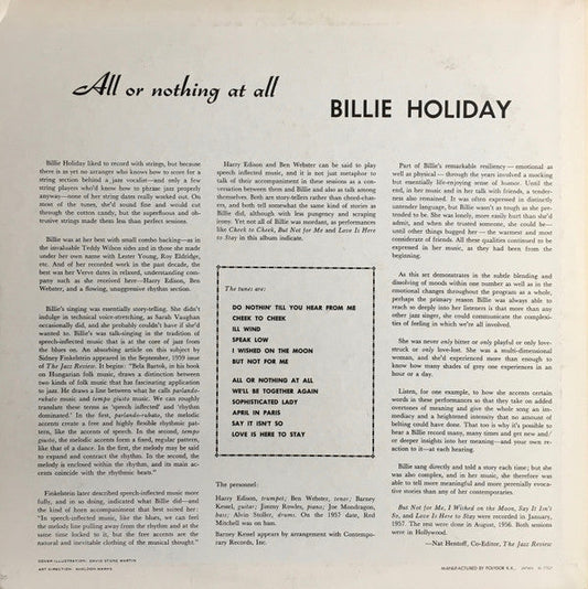 Billie Holiday - All Or Nothing At All (Vinyl, LP, Album, Reissue, Mono) Near Mint (NM or M-) / Very Good Plus (VG+)