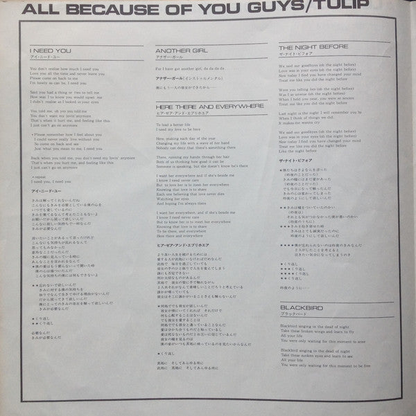 Tulip (2) - All Because Of You Guys (Vinyl, LP) Very Good Plus (VG+) / Very Good (VG)