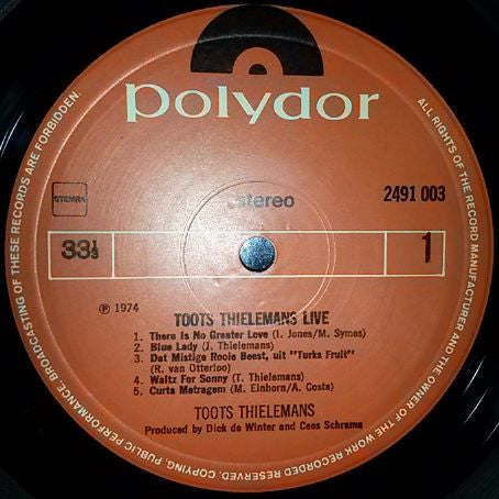 Toots Thielemans - Live (Vinyl, LP, Album) Very Good Plus (VG+) / Very Good (VG)