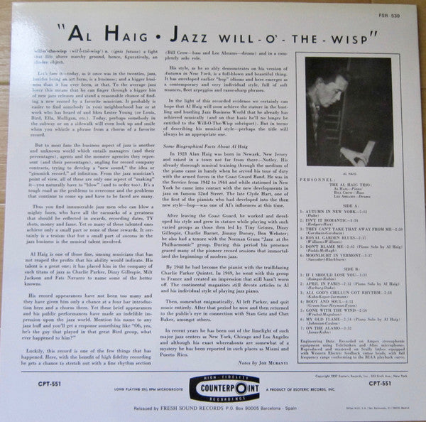 Al Haig - Jazz Will-O-The-Wisp (Vinyl, LP, Album, Reissue) Very Good Plus (VG+) / Very Good Plus (VG+)