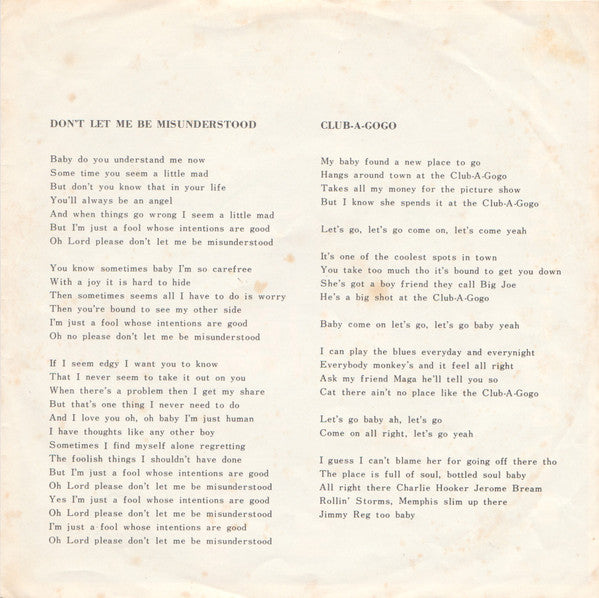 The Animals - 悲しき願い = Don't Let Me Be Misunderstood (Vinyl, 7", 45 RPM, Single) Good Plus (G+) / Good Plus (G+)