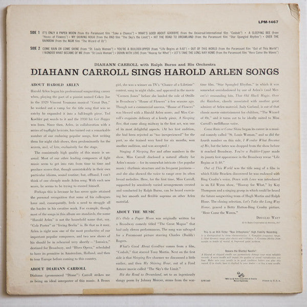 Diahann Carroll - Diahann Carroll Sings Harold Arlen Songs (Vinyl, LP, Album, Reissue, Mono) Very Good Plus (VG+) / Very Good Plus (VG+)