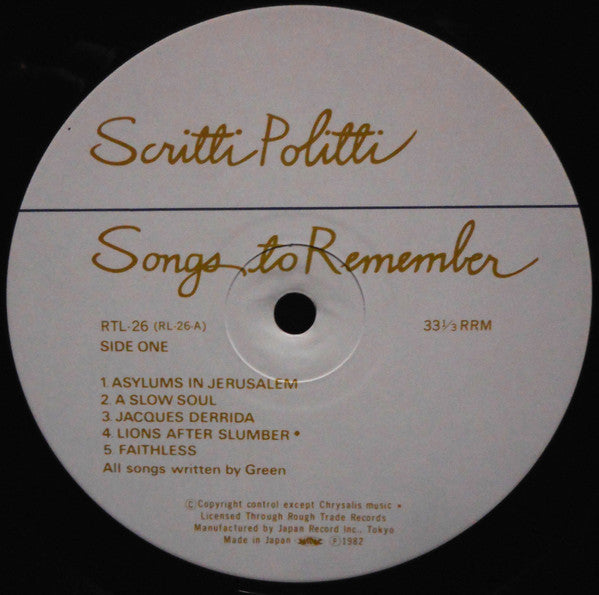 Scritti Politti - Songs To Remember (Vinyl, LP, Album) Near Mint (NM or M-) / Near Mint (NM or M-)
