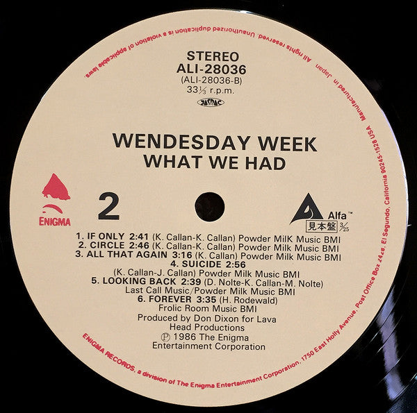Wednesday Week - What We Had (Vinyl, LP, Promo) Near Mint (NM or M-) / Very Good Plus (VG+)
