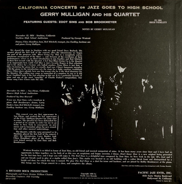 Gerry Mulligan - California Concerts (Vinyl, LP, Album, Reissue, Mono) Very Good Plus (VG+) / Very Good Plus (VG+)