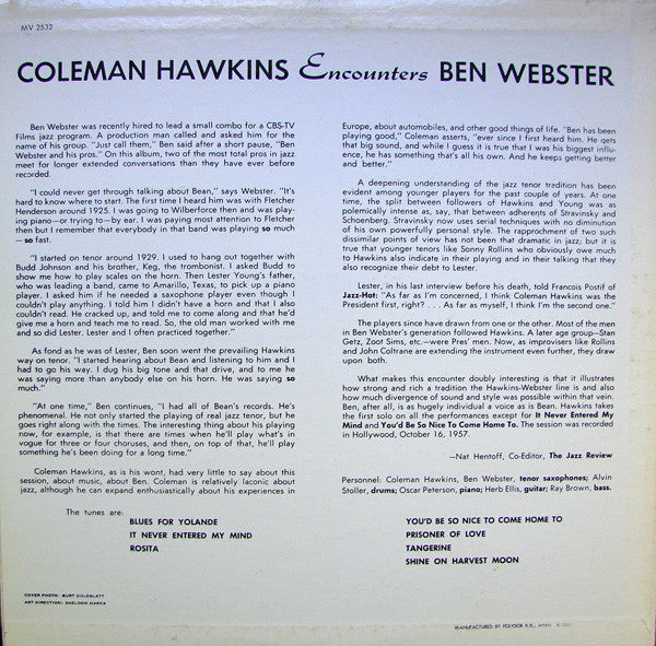 Coleman Hawkins - Coleman Hawkins Encounters Ben Webster (Vinyl, LP, Album, Reissue, Stereo) Near Mint (NM or M-) / Very Good (VG)