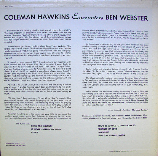 Coleman Hawkins - Coleman Hawkins Encounters Ben Webster (Vinyl, LP, Album, Reissue, Stereo) Very Good Plus (VG+) / Good Plus (G+)