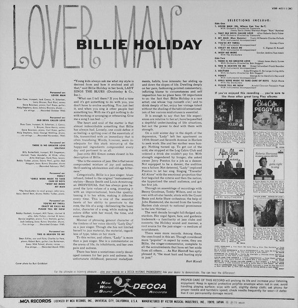 Billie Holiday - Lover Man (Vinyl, LP, Mono, Reissue) Very Good Plus (VG+) / Very Good Plus (VG+)