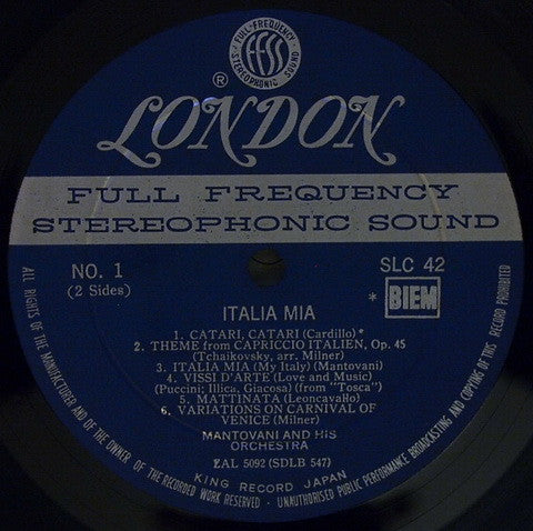 Mantovani And His Orchestra - Italia Mia (Vinyl, LP, Stereo) Good Plus (G+) / Good Plus (G+)