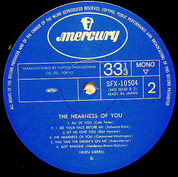 Helen Merrill - The Nearness Of You (Vinyl, LP, Album, Reissue, Mono)