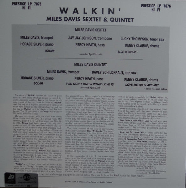 Miles Davis All Stars - Walkin' (2xVinyl, 12", 45 RPM, Album, Limited Edition, Numbered, Reissue, Remastered, Mono) Good Plus (G+) / Very Good (VG)