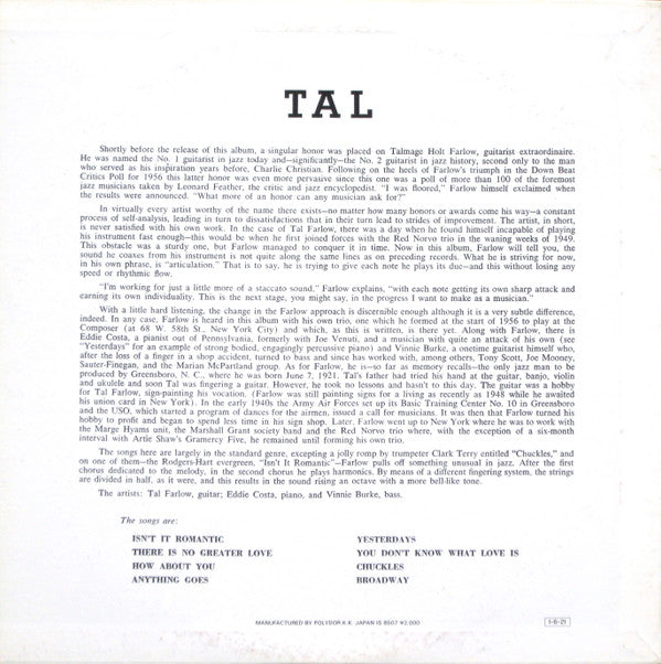 Tal Farlow - Tal (Vinyl, LP, Album, Reissue, Mono) Near Mint (NM or M-) / Very Good (VG)