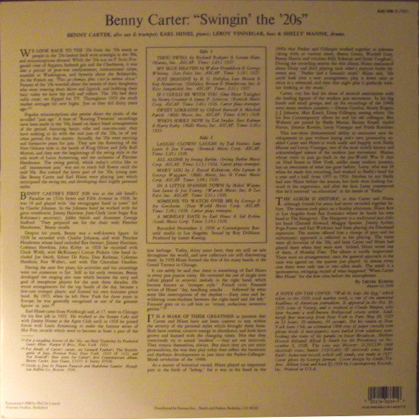 The Benny Carter Quartet - Swingin' The '20s (Vinyl, LP, Album, Stereo, Reissue) Very Good Plus (VG+) / Very Good Plus (VG+)