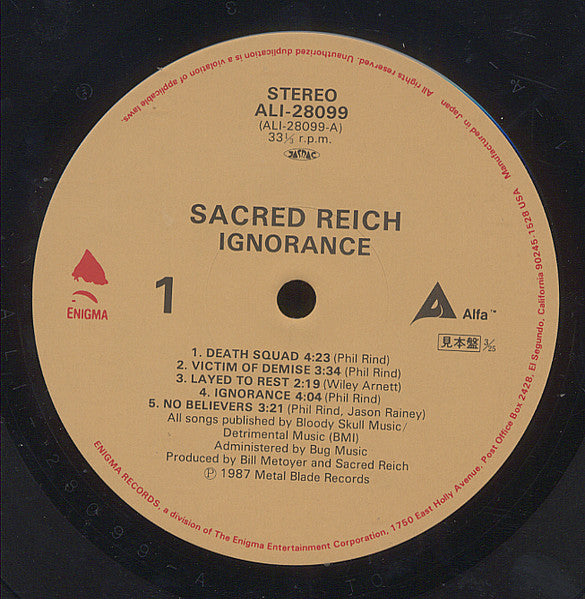 Sacred Reich - Ignorance (Vinyl, LP, Album, Promo) Near Mint (NM or M-) / Very Good Plus (VG+)